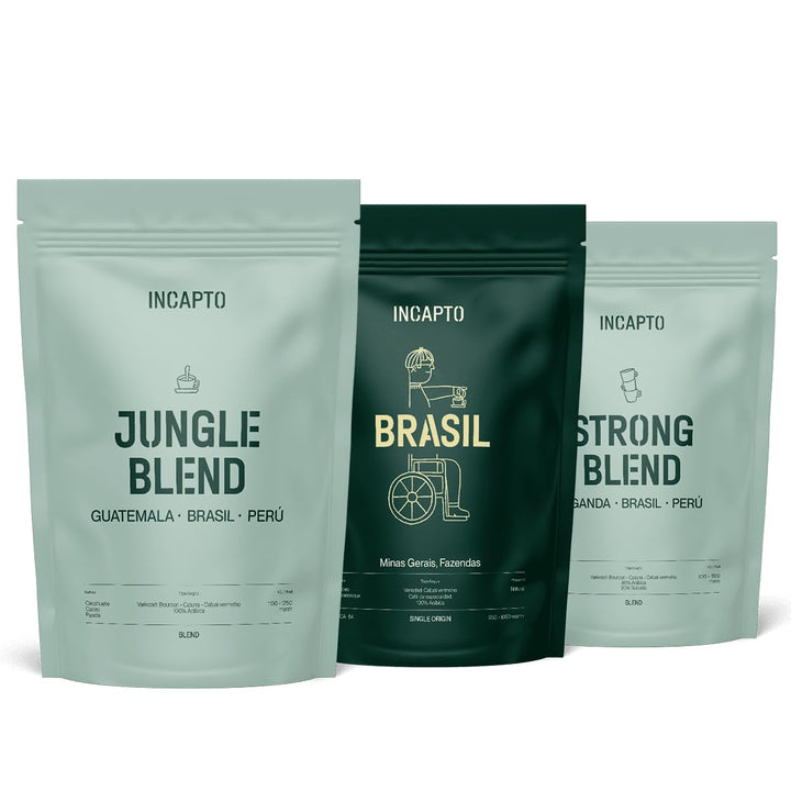 Incapto Einsteigerpaket Für Spezialitäten-Kaffeebohnen | Jungle Blend, Brasilianischer Kaffee Und Strong Blend | Hohe Röstung Und Intensives Aroma | 3 Pakete À 500G