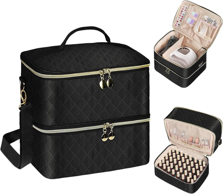 Nagellack Organizer Tasche, Doppelschicht Nagellack Aufbewahrung Box, Organizer Koffer Für Nageldesign Kosmetiktasche Für 30 Flaschen Neonail Base(15Ml-0.5 Fl.Oz) & 1 Nagellampe(Schwarz)