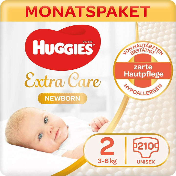 Huggies Newborn Scutece pentru copii mărimea 2, de la 3 la 6 kg, Pentru nou-născuți, Cu indicator de umezeală, 210 scutece