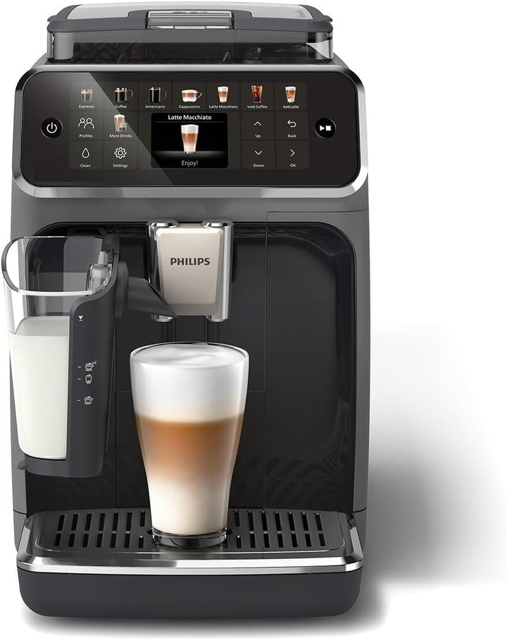 Espressor complet automat Philips seria 5500, inclusiv Latte Go, tehnologie Silent Brew și pornire rapidă. Cafea aromatică din boabe proaspăt măcinate, 20 de băuturi calde și cu gheață, gri (EP5544/50)