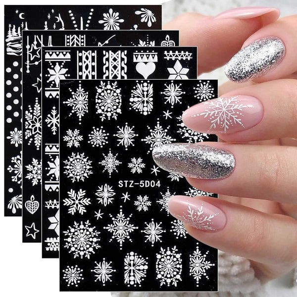 4 Blatt 3D Nagelsticker Weihnachten Nagelaufkleber Christmas 5D Stereoskopisch Selbstklebend Schneeflocke Schneemann Nail Art Sticker Dekoration Nageldesign Zubehör