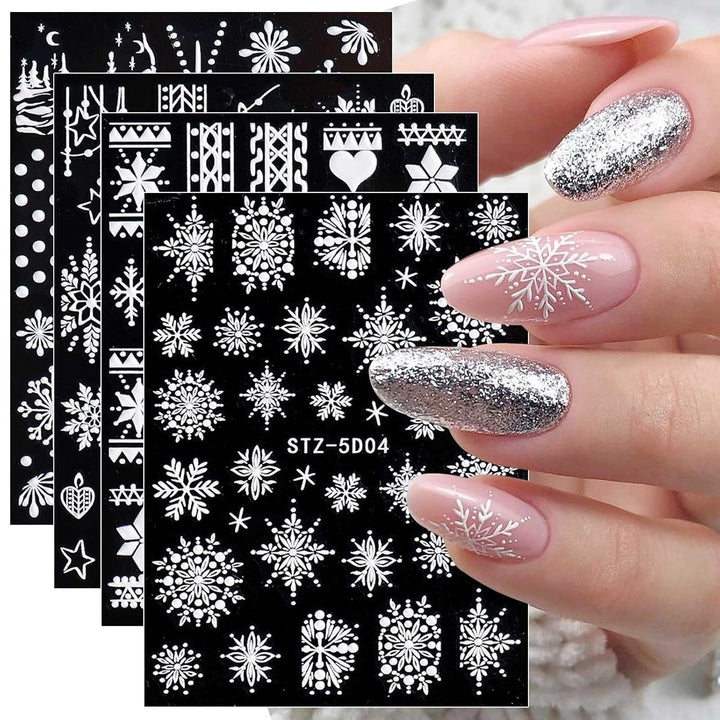 4 Blatt 3D Nagelsticker Weihnachten Nagelaufkleber Christmas 5D Stereoskopisch Selbstklebend Schneeflocke Schneemann Nail Art Sticker Dekoration Nageldesign Zubehör