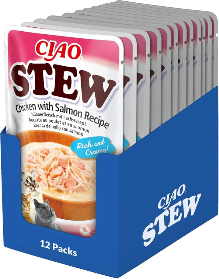 INABA Ciao Stew Hrană umedă pentru pisici 86% umiditate și vitamina E, supă premium pentru pisici cu pui și scoici 40 G (pachet de 12), 100% carne naturală, fără cereale, fără zahăr