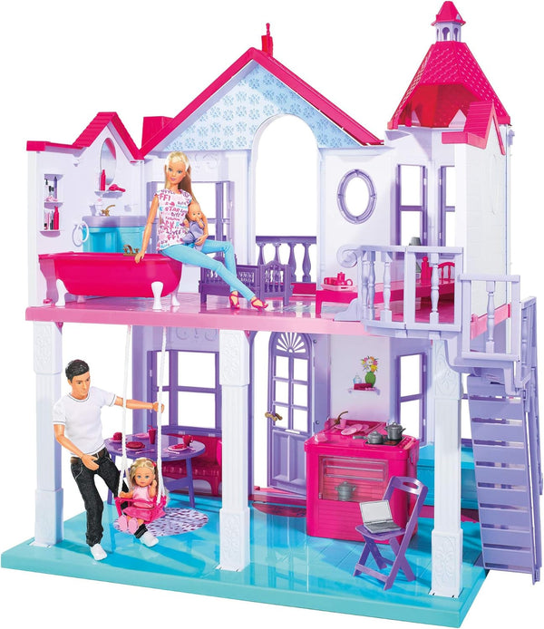Simba 104661996 - Steffi Love Dreamhouse, Casă de joacă mare, 4 camere, FĂRĂ PUPPETS, 84cm înălțime, Două etaje, Clopoțel funcțional, Pliabil