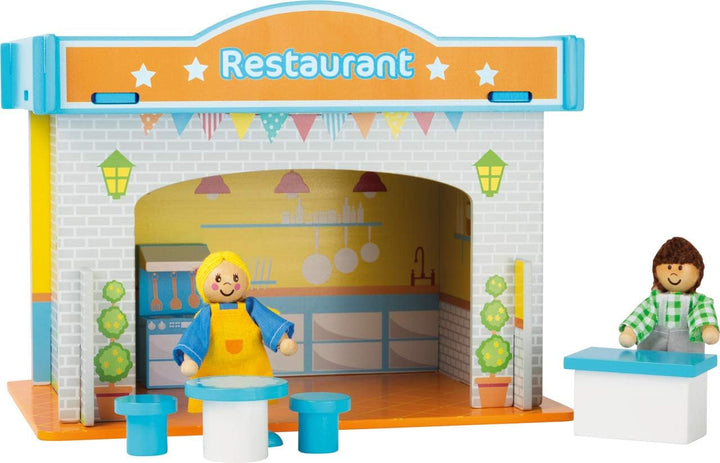 Small Foot 10852 Playhouse Restaurant Fabricat din lemn, Cu 2 figurine pentru păpuși, accesorii și acoperiș detașabil, De la 3 ani