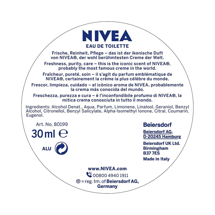 NIVEA Creme Eau De Toilette, Parfum NIVEA cu aroma emblematică NIVEA Creme, un parfum NIVEA unisex proaspăt și delicat în sticla emblematică de parfum (30 ml)