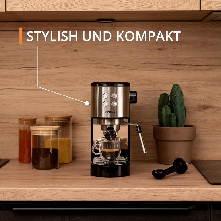 Krups Virtuoso Essential espresso portafilter machine, 15 bar, Aplicații din oțel inoxidabil, Design subțire, Panou de control cu 4 funcții, Incl. accesorii barista, Oțel inoxidabil, XP441810