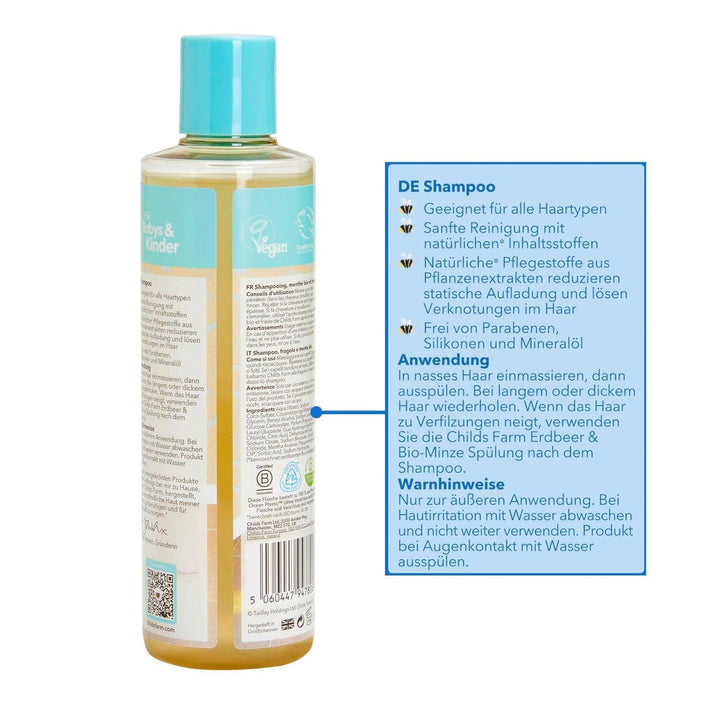 Șampon pentru copii Childs Farm 250 ml | Căpșuni și mentă organică | Toate tipurile de păr | Demontează și hrănește | Potrivit pentru pielea uscată, sensibilă și predispusă la neurodermatită