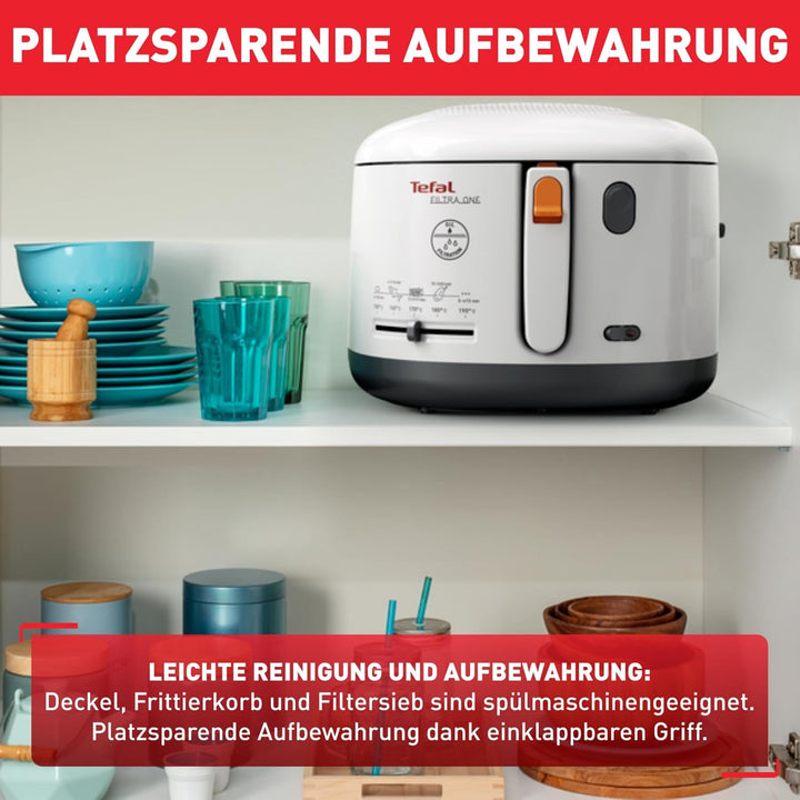 Tefal FF1631 Fritteuse Filtra One | 1.900 W | Kapazität 1,2 Kg | Clean-Oil-System | Auffangsieb FüR Frittierreste | Wärmeisoliert | Spülmaschinenfest Weiß