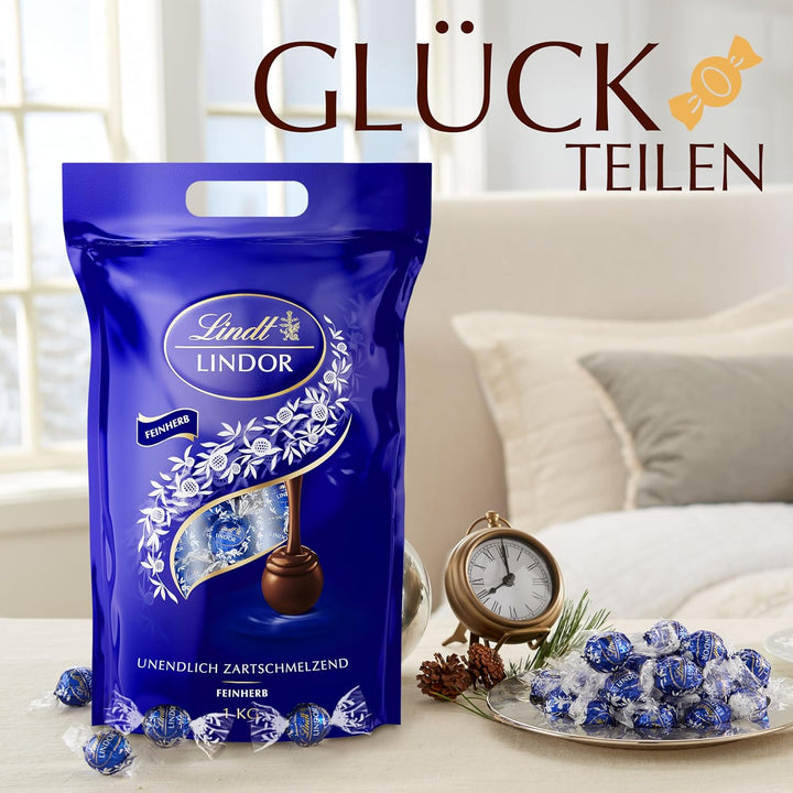 Lindt LINDOR Schokoladen Kugeln Feinherb | 1 Kg Beutel, Wiederverschließbar | Ca. 80 Kugeln Dunkle | Großpackung, Pralinen-Geschenk, Schokoladengeschenk