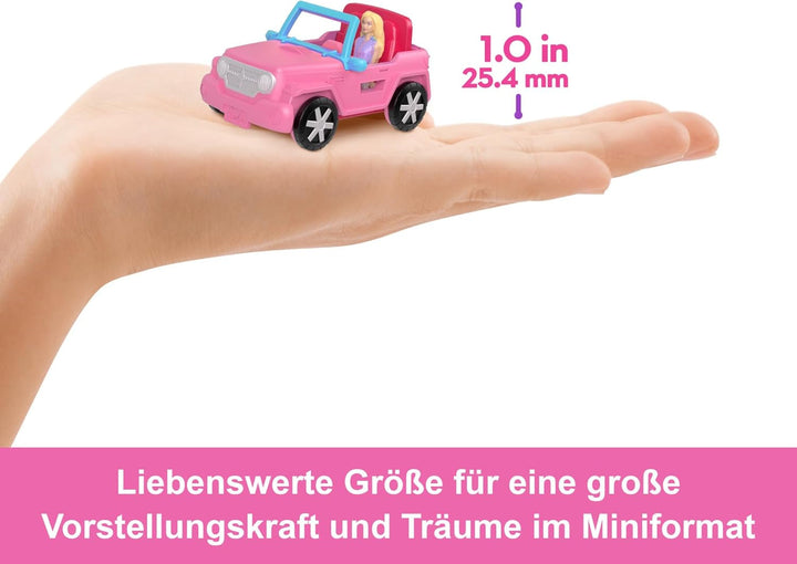 Barbie Mini Barbieland set de păpuși și vehicule de jucărie, păpușă de 1,5 inci și vehicul de jucărie iconic cu surpriză care își schimbă culoarea, HYF43