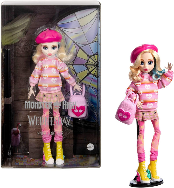 Păpușă și accesorii Monster High Wednesday, Enid Sinclair figurină de colecție în roz cu beretă și rucsac, suport pentru păpușă, HXJ05