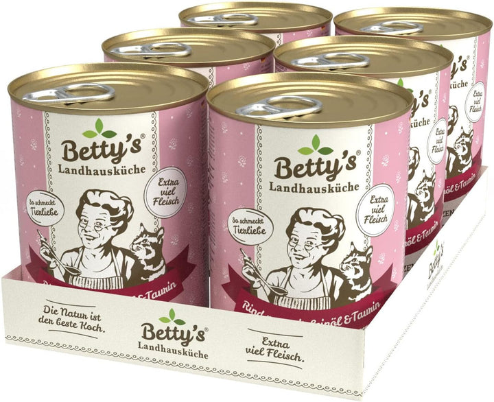 Betty'S Landhausküche cutie de hrană umedă pentru pisici, Fără cereale, Cea mai bună calitate, Carne de înaltă calitate, Gently cooked, Potrivit pentru toate rasele de pisici, Pui și fazan cu ulei de borangic 6 X 200 G