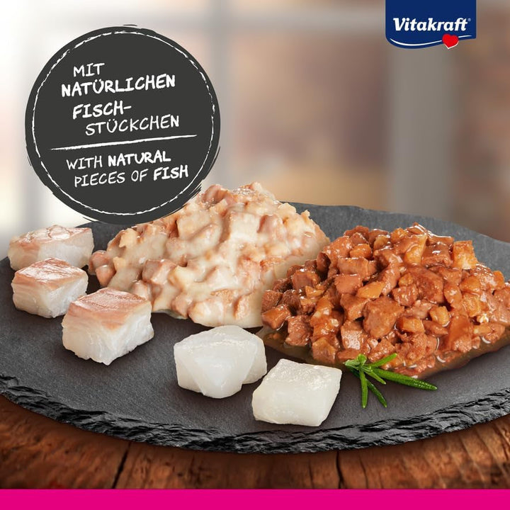 Vitakraft Poésie Délice, Fish Selection, hrană umedă pentru pisici, hrană umedă pentru pisici în sos, cu pollock, cu cod, fără adaos de zahăr și cereale (1 pachet de 6X 85G)