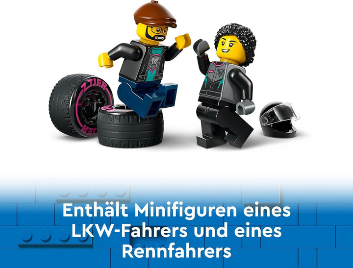 LEGO City Car Transporter cu mașină de curse, camion jucărie cu rampă de încărcare reglabilă și mașină de curse, set de construcție cu 2 minifigurine, șofer de curse și șofer de camion, copii de peste 6 ani 60406