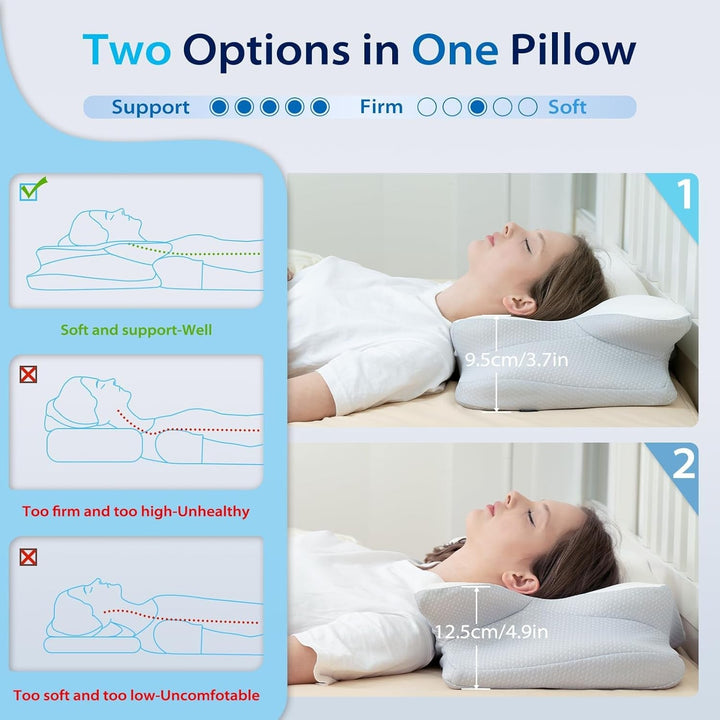 HOMCA Neck Pillow Pillow, Memory Foam Ergonomic Pillow 3D Cooling Pillow Cover For Supine, Side or Prone Position, 62 X 41 X 9.5/12.5 Cm