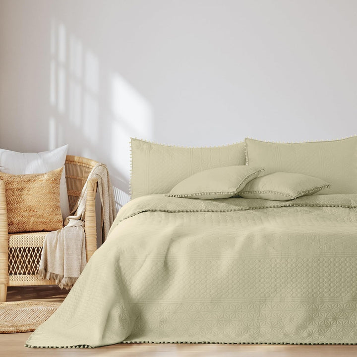 Ameliahome Cuvertură de pat cu pompoane 220X240 Cm Cuvertură de pat cu două fețe Ultrasonic Quilting Poliester Meadore Grey Paturi si Cuverturi Besuche den AmeliaHome-Store Meadore Bej 240X260 Cm