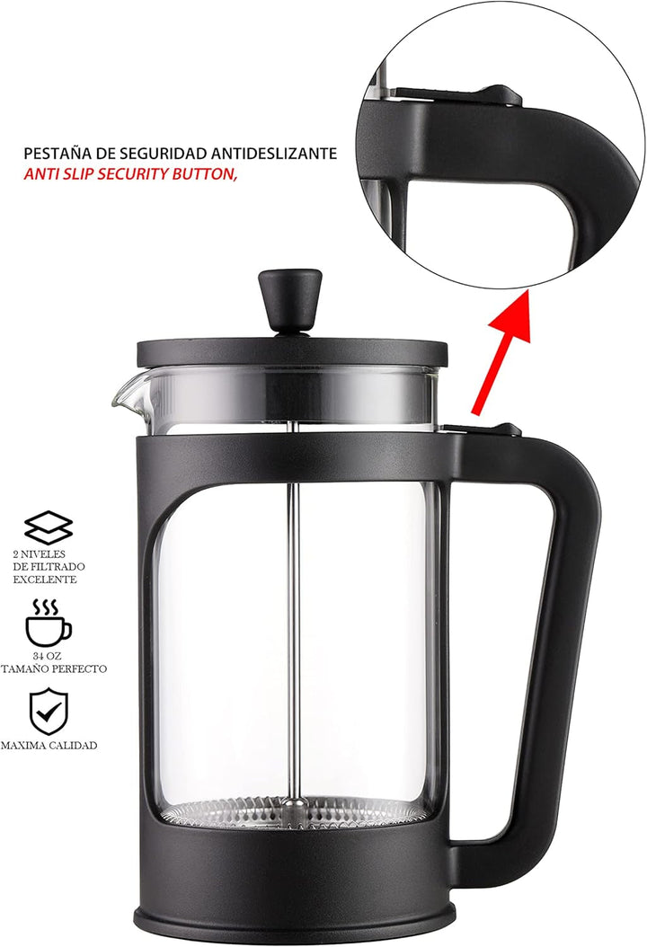 - Cafetieră/ceainic franțuzesc, 1 litru / 34 oz, sticlă borosilicată rezistentă la căldură, filtru din oțel inoxidabil și capac negru