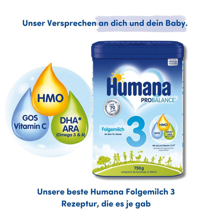 Humana PROBALANCE Folgemilch 3, Ab Dem 10. Monat, Babynahrung Im Anschluss an Das Stillen, Einer Anfangsnahrung Oder Einer Folgemilch 2, Ideal Zum Zufüttern, 750 G