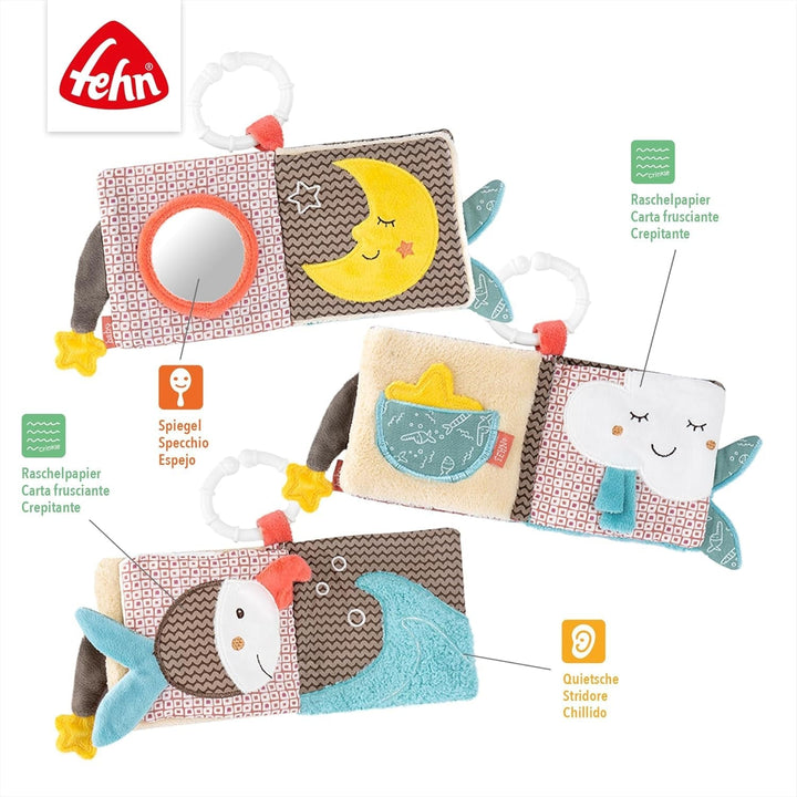 Fehn Soft picture book Bruno - carte moale pentru bebeluși din țesătură cu motive de animale - carte jucărie din țesătură de agățat pentru cărucioare și scaune auto pentru bebeluși - carte cu pocnitori pentru bebeluși și copii de la 0+ luni Jucarii Bebe Naty Shop