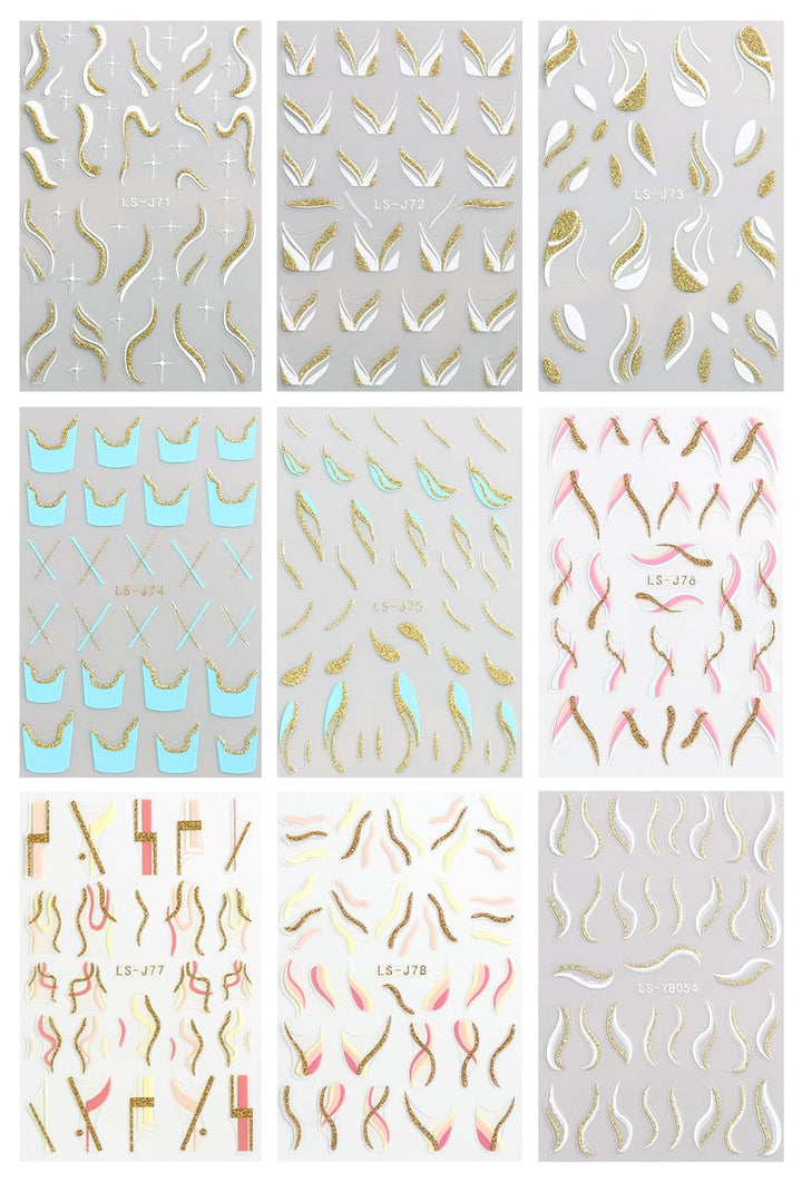 JMEOWIO Nagelsticker Französischer Tipp 9 Blatt Nail Art Sticker Selbstklebend Nagelaufkleber Glitzer Wellenlinie Dekoration Nageldesign Zubehör