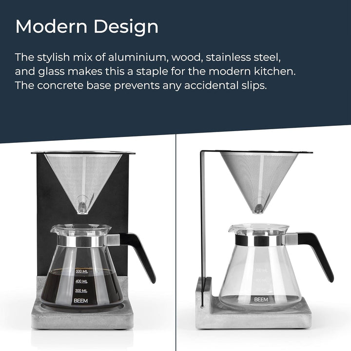 Set cafetieră BEEM Pour Over - 4 cești | Filtru permanent din oțel inoxidabil (mărimea 2), carafă din sticlă de 0,5 l, bază din beton | Preparare manuală a cafelei pentru o aromă deosebit de delicată de cafea