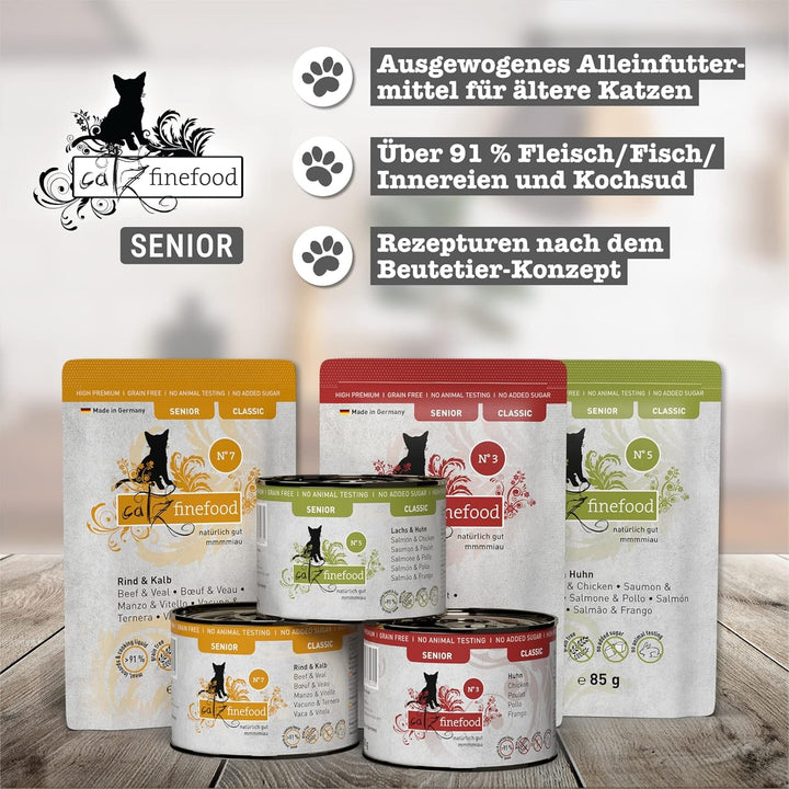 Hrană umedă pentru pisici Catz Finefood Senior Collection - Hrană umedă premium pentru pisica dumneavoastră senior - fără cereale, fără zahăr, conținut ridicat de carne, vitamine și minerale (cutie 6 X 200G)