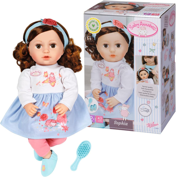 Baby Annabell Sophia Brunette 43Cm, păpușă moale cu păr lung castaniu, incl. haine pentru păpușă, bentiță și perie, 707234 Zapf Creation