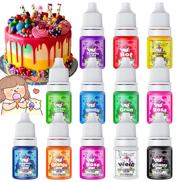 Lebensmittelfarbe Gel - Fidton 12 Farben Hochkonzentrierte Lebensmittelfarben, Food Coloring Set Für Lebensmittel Farben, Fondant, Essbare Tortendeko, Eier Färben, Backen, Glasur, Makronen - 6 Ml