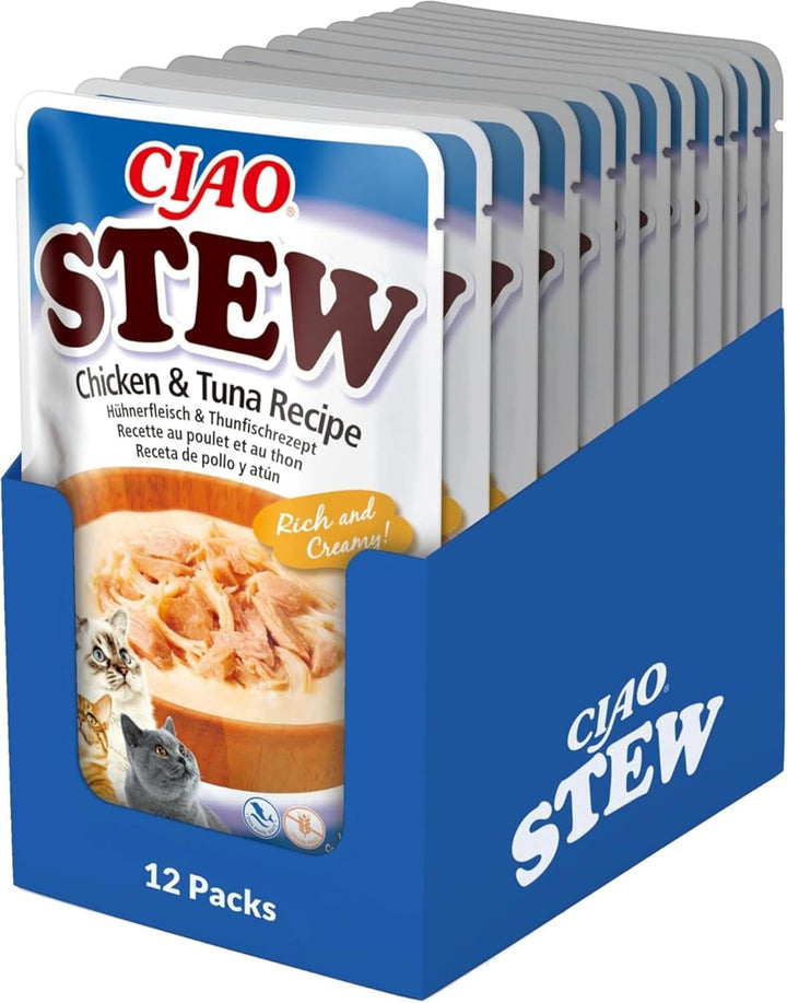 INABA Ciao Stew Hrană umedă pentru pisici 86% umiditate și vitamina E, supă premium pentru pisici cu pui și scoici 40 G (pachet de 12), 100% carne naturală, fără cereale, fără zahăr
