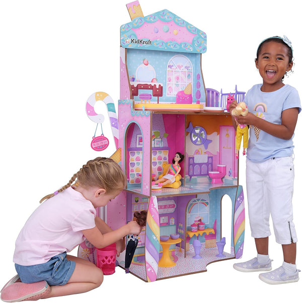 Casă de păpuși din lemn Kidkraft Candy Castle cu mobilier și accesorii, casă cu figurină Llama Unicorn, lift pentru tort de înghețată și scaun de cauciuc pentru păpuși, jucărie pentru copii de la 3 ani, 20242