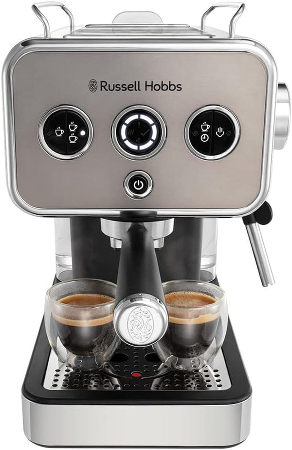 Espressor Russell Hobbs [Portafiltru] Distinction Oțel Inoxidabil Titan (15 bar, inserție pentru 1 și 2 căni, tampoane ESE, dozare automată și opțiune manuală, duză de abur pentru apă fierbinte și spumă de lapte) 26452-56