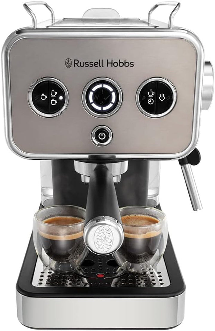 Espressor Russell Hobbs [Portafiltru] Distinction Oțel Inoxidabil Titan (15 bar, inserție pentru 1 și 2 căni, tampoane ESE, dozare automată și opțiune manuală, duză de abur pentru apă fierbinte și spumă de lapte) 26452-56