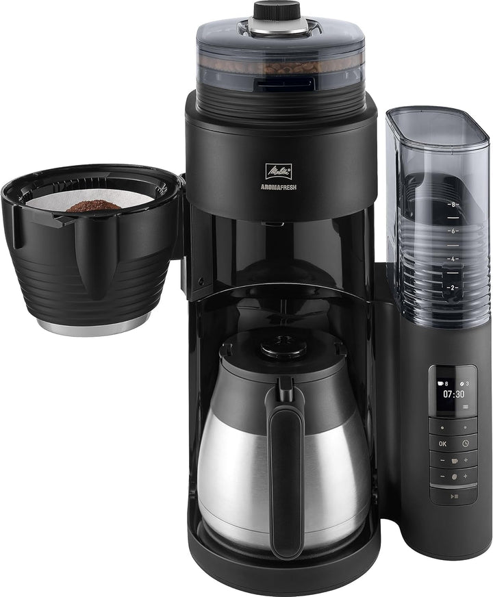 Melitta Aromafresh Therm Pro X - Espressor cu râșniță, espressor cu filtru și vas termic și rezervor de apă detașabil, pentru până la 8 cești de cafea, negru