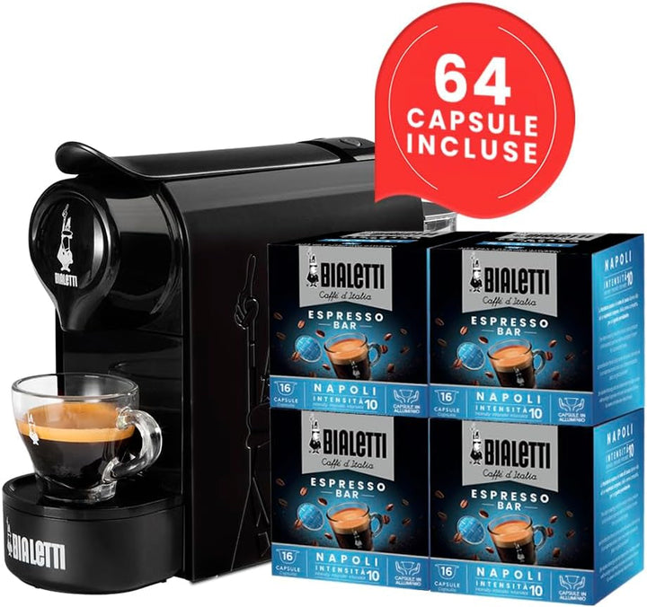 Bialetti Gioia, Espressor pentru capsule fabricat din aluminiu, include 64 de capsule, doar cu capsule, negru