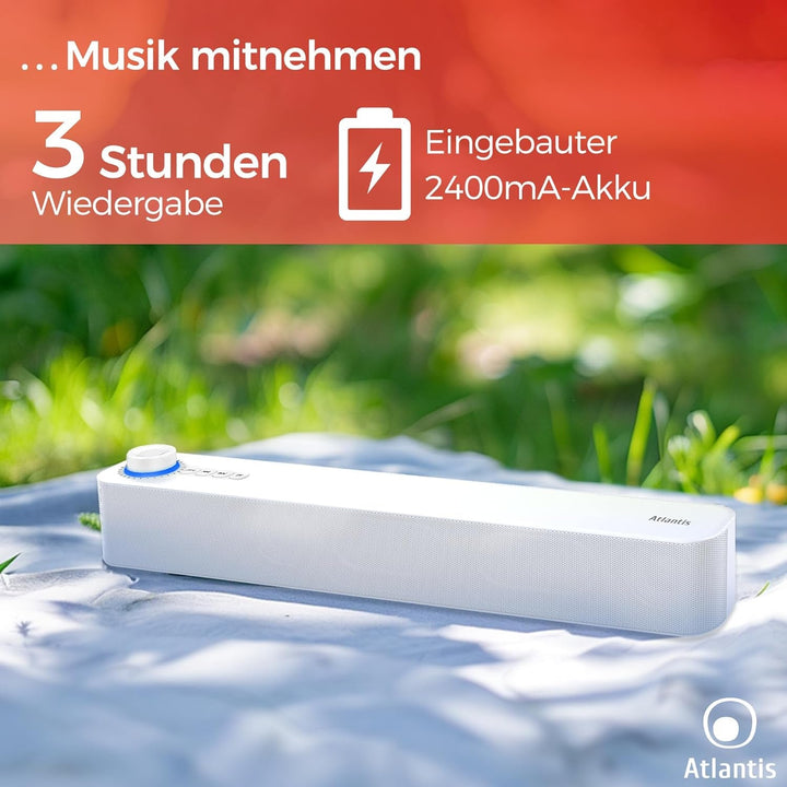 Atlantis Soundbar PC 20W, Pc-Lautsprecher, Klinke 3.5Mm + Bluetooth 5.3 Für Smartphone, Firetv, Plattenspieler, Batt. 2400Mha, FM Radio, Pc-Lautsprecher, Tragbar, TV, Smartp 420X60X74 Mm P003-C0820-B