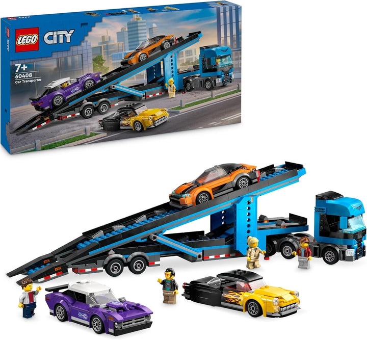 LEGO City Car Transporter cu mașină sport, set de 4 mașini de jucărie pentru băieți și fete de la 7 ani, cadou de Crăciun sau aniversare, 4 minifigurine pentru jocuri de rol 60408