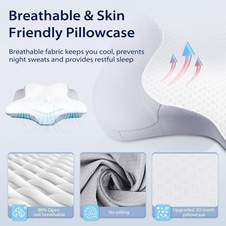 HOMCA Neck Pillow Pillow, Memory Foam Ergonomic Pillow 3D Cooling Pillow Cover For Supine, Side or Prone Position, 62 X 41 X 9.5/12.5 Cm