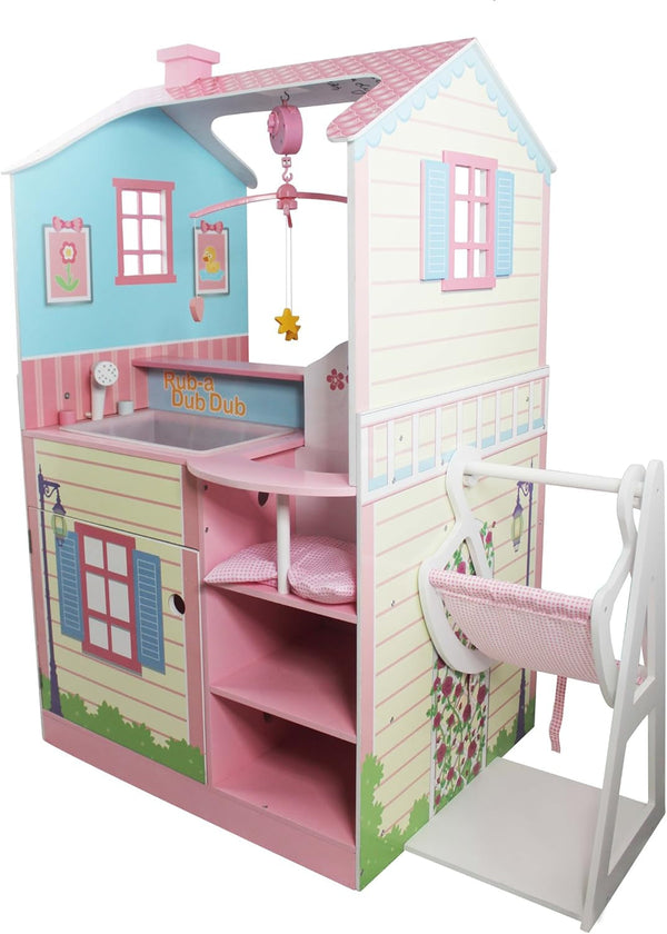 Olivia's Little World 2 En 1 Casă de păpuși și stație de schimbare Masa de schimbare Playset pentru păpuși din lemn cu scaun înalt TD-11460A