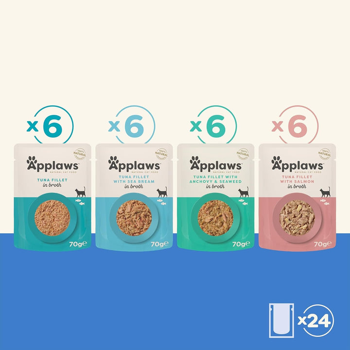 Applaws 100% hrană umedă naturală pentru pisici, Pouch Multipack Fish Selection in Broth - pachet cu 24 de pungi de X 70G