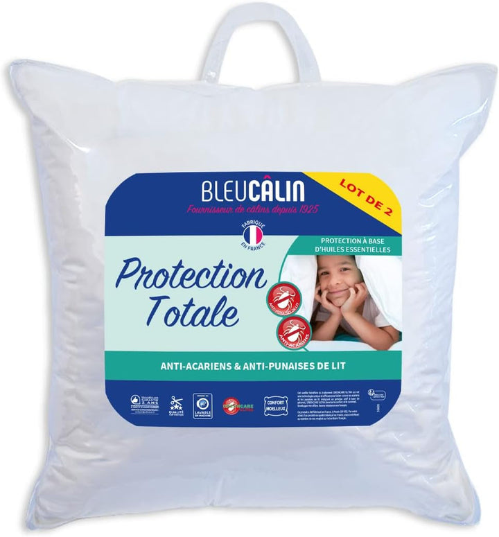 Bleu Câlin set de 2 perne anti-acarieni, anti-bug, confort pufos, 60 X 60 Cm, husă din microfibră, protecție completă, alb