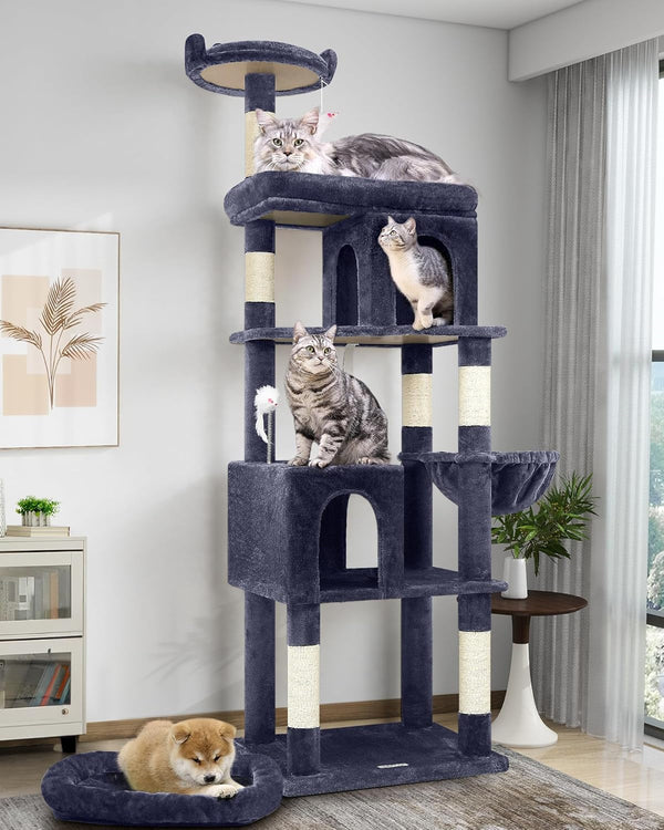 Ansamblu de pisici pentru Maine Coon, ansamblu de 183 cm înălțime, cu căsuță mare, platforme, stinghii, coș, pat pentru pisici, grajd, ansamble pentru pisici adulte de talie mare, peste 5 kg (S72, gri fumuriu)