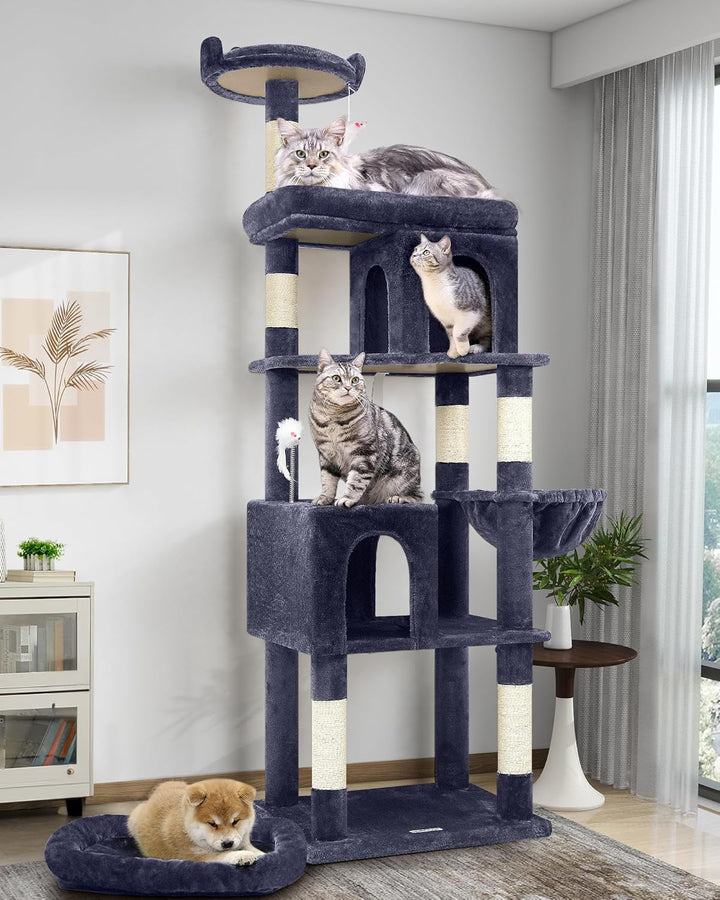 Ansamblu de pisici pentru Maine Coon, ansamblu de 183 cm înălțime, cu căsuță mare, platforme, stinghii, coș, pat pentru pisici, grajd, ansamble pentru pisici adulte de talie mare, peste 5 kg (S72, gri fumuriu)