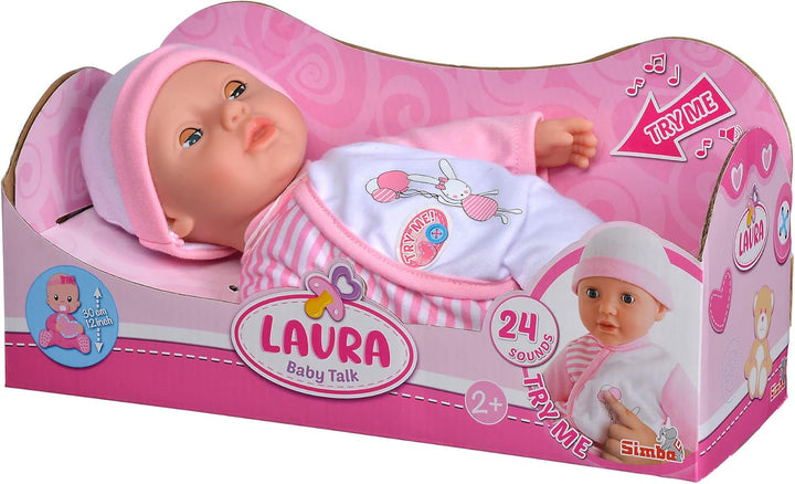 Simba 105140020 - My Love Baby Talk, păpușă cu corp moale, cu ochi adormiți, în rochiță drăguță, scoate 24 de sunete de bebeluș, 30 cm, păpușă de bebeluș de la 2 ani, alb-roz