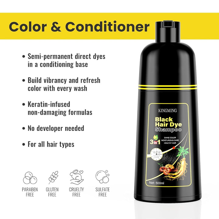Șampon negru pentru vopsirea părului gri, șampon negru pentru vopsirea părului gri 3 în 1, șampon pentru vopsirea părului pentru bărbați și femei, șampon împotriva părului gri (500 ml) Vopsea pentru par Naty Shop