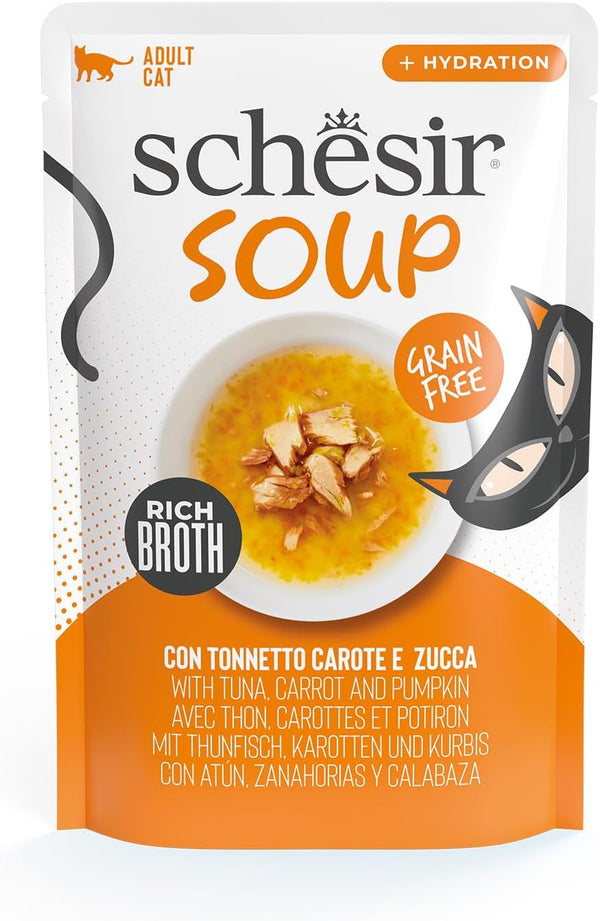 , Supă cu fileuri de ton cu morcovi și dovleac, hrană umedă complementară pentru pisici, rețeta originală, 100% naturală, 12 pungi la 40 G