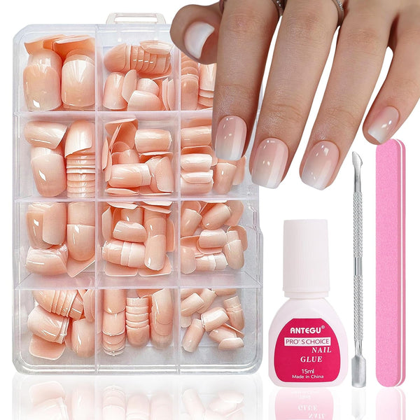 Set unghii false - 240 bucăți unghii scurte și pătrate, model gel moale, gradient alb nud, unghii false artificiale naturale pentru lipire, pentru femei DIY (gradient nud, 240X)