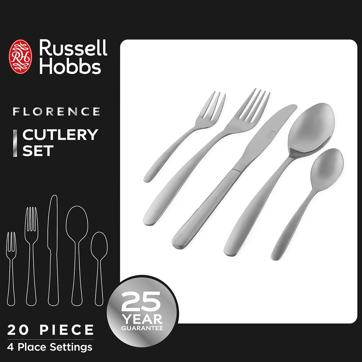 Russell Hobbs RH02264EU7 Florence Besteckset 4 Personen, 20 Stück Besteck, Messer, Gabel, Konditorgabel, Dessertlöffel, Teelöffel, Spülmaschinenfestes Besteck Aus Edelstahl 18/0, 25 Jahren Garantie