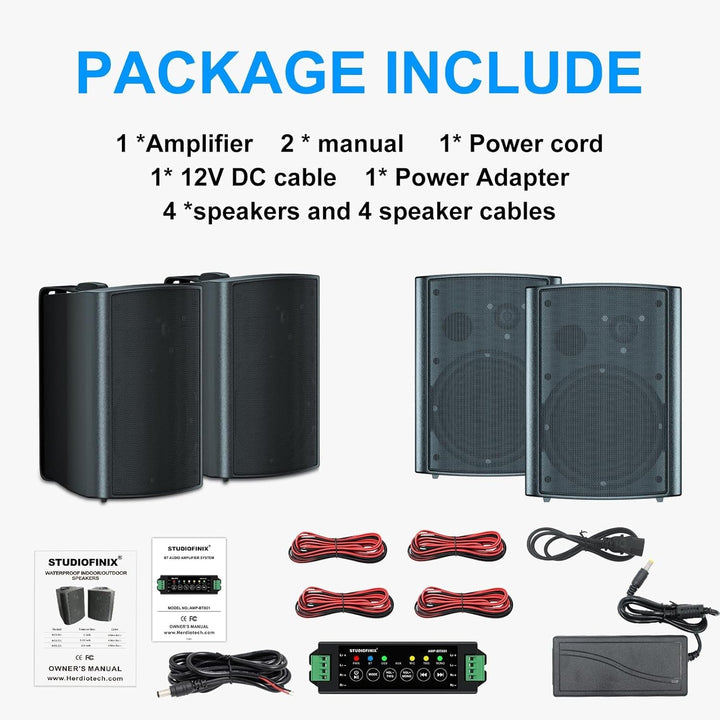 STUDIOFINIX 800W 6,5 Zoll Outdoor-Lautsprecher Wasserdicht Mit Bluetooth-Verstärker Wandhalterung Wetterfester Lautsprecher Für Patio Garten Poolside Home (4 Lautsprecher, Schwarz)