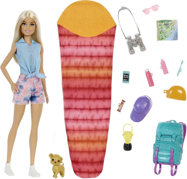 Barbie Camping Series, păpușă 1X cu păr blond, rucsac de drumeție, echipament de exterior, binoclu, hartă, cățel, accesorii, cadou pentru copii, jucărie de la 3 ani,Hdf73